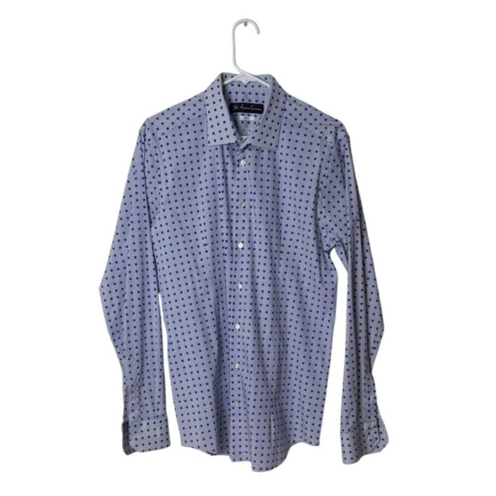 Antonio Cosentino Mens Slim Fit Dress Shirt Blue Polka Dot 100% Cotton Size 42/1